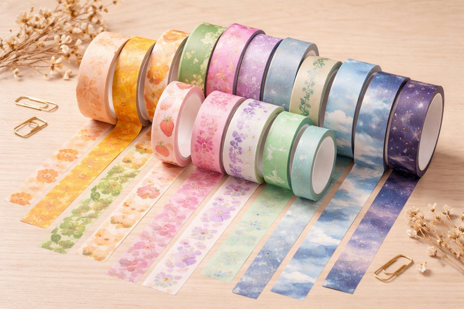 PUNDY Custom Washi Tape — Full-Colour OEM Manufacturing Taiwan PUNDY custom full-colour washi tape — multiple rolls showing floral, botanical, and sky patterns, manufactured in Taiwan for corporate gifts and OEM buyers
