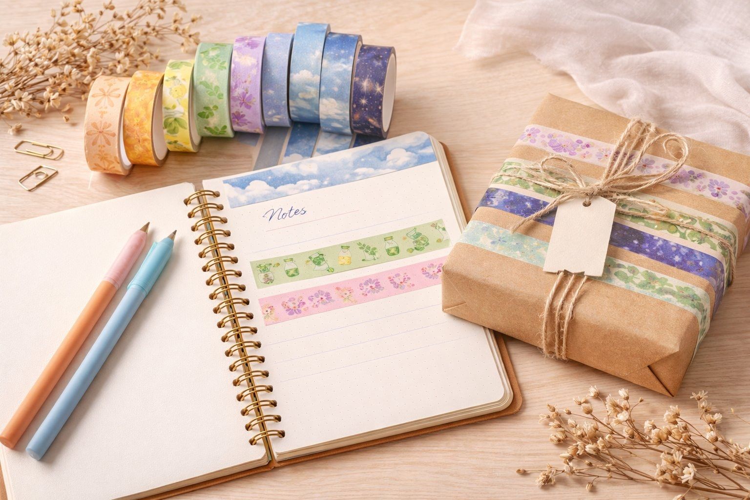 PUNDY Washi Tape — Notebook and Gift Box Application Custom washi tape applied to a notebook journal and kraft paper gift box — corporate gift and stationery branding application by PUNDY Taiwan